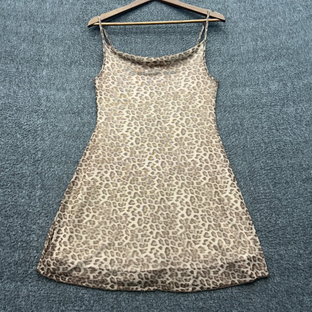 See You Monday Dress M Animal Leopard Print Spaghetti Straps Mesh Slip y2k